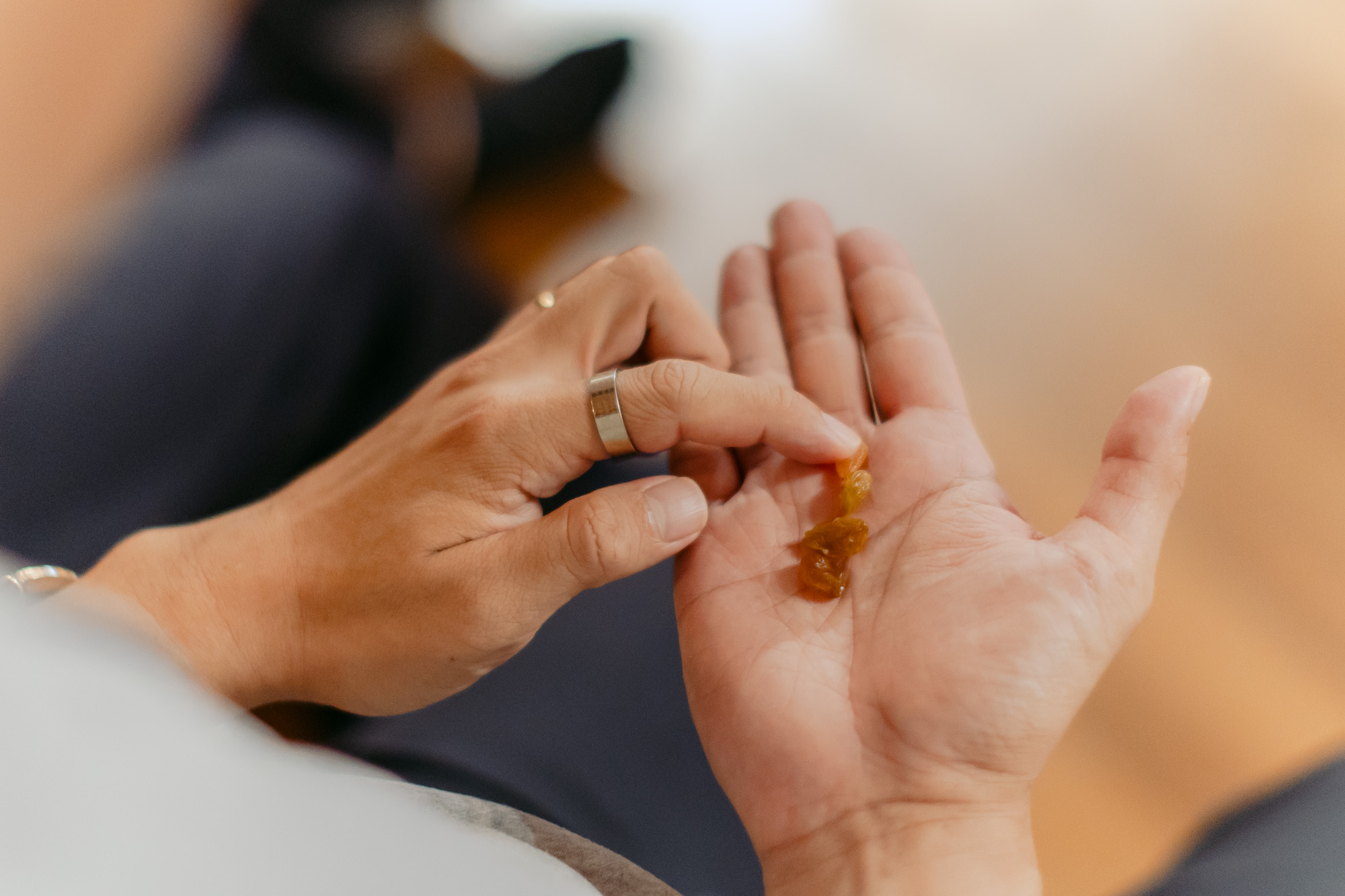 罗博士引领大家仔细地感受葡糖干的颜色、形状、气味、味道等，练习细腻的觉察能力。